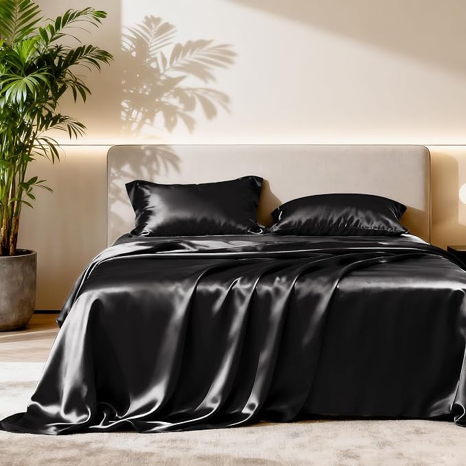 Love's cabin Full Size Satin Sheet Sets - 4 Piece Black Silky Sheet Set with Deep Pocket, Luxury Silk Feel Bed Sheets Full Bedding Set (1 Flat Sheet,1 Fitted Sheet,2 Pillow Cases)