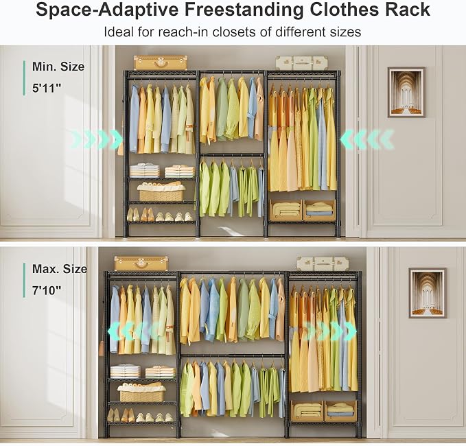 SEMHOR E06 Expandable Heavy Duty Clothes Rack for Reach-in Closet | Freestanding Clothing Racks with Shelves, Carbon Steel Closet Organizer System Adjustable 70.8-93.9", Max Load 800LBS, Black