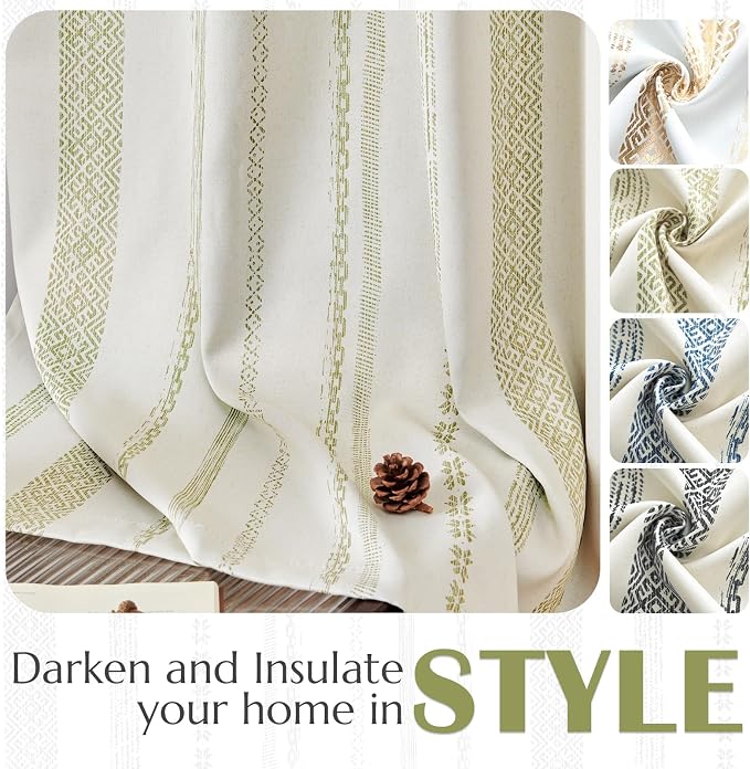jinchan Boho Blackout Curtains 96 Inches Long for Bedroom Living Room | Sage Green on Beige Geometric Printed Back Tab Rod Pocket Farmhouse Curtains Room Darkening Thermal Window Treatment 2 Panels