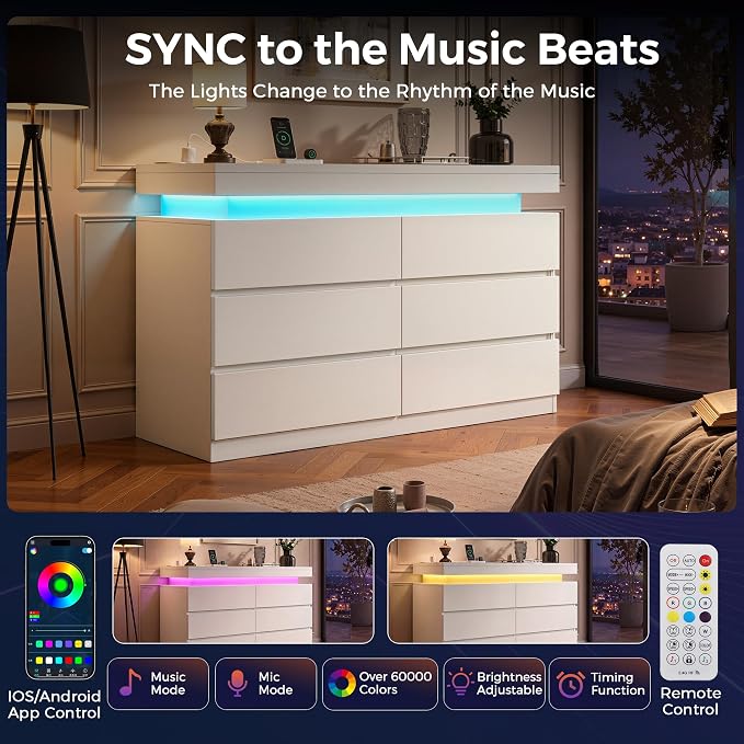 6 Drawer Dresser with LED Lights and Charging Station, Modern White Dresser | RGB Lights with App and Remote Control, Music Sync Mode, 6 Spacious Drawers and Durable MDF Storage for Bedrooms or Closets