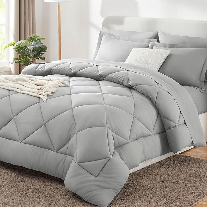 Full Size Comforter Sets Light Grey - 7 Pieces Complete Bedding Set | OEKO-TEX Certified, All Season, 240GSM Down-Alternative Comforter, Sheets, Pillowcases & Shams, 14" Deep Pocket, Easy Care