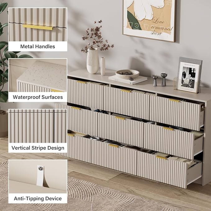Furniway 9 Drawer Dresser for Bedroom, 63" Wide Dresser with Gold Handles, Modern Wood Chest of Drawers Storage Cabinet, Fluted Long Dresser for Bedroom, Living Room, Hallway, Beige