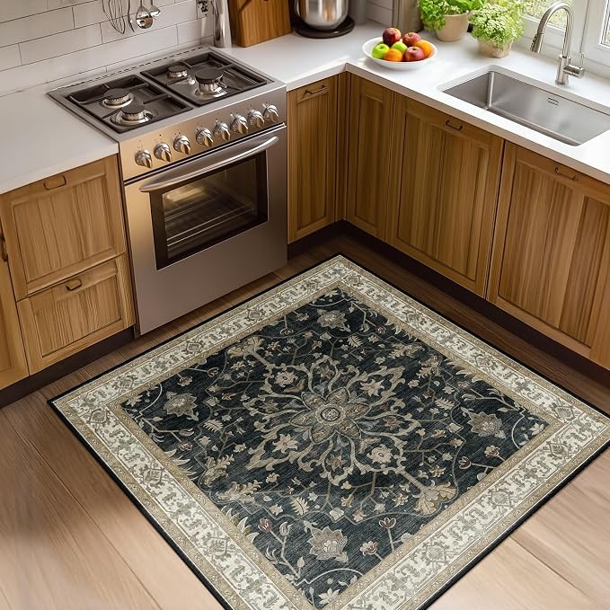 RELEANY Washable Area Rug, Square 4'x4', Black/Vintage/Beige | Non-Slip, Water Repellent, Pet Friendly, Easy to Clean, Vintage Floral Boho Decor for Living Room Bedroom Entry Office