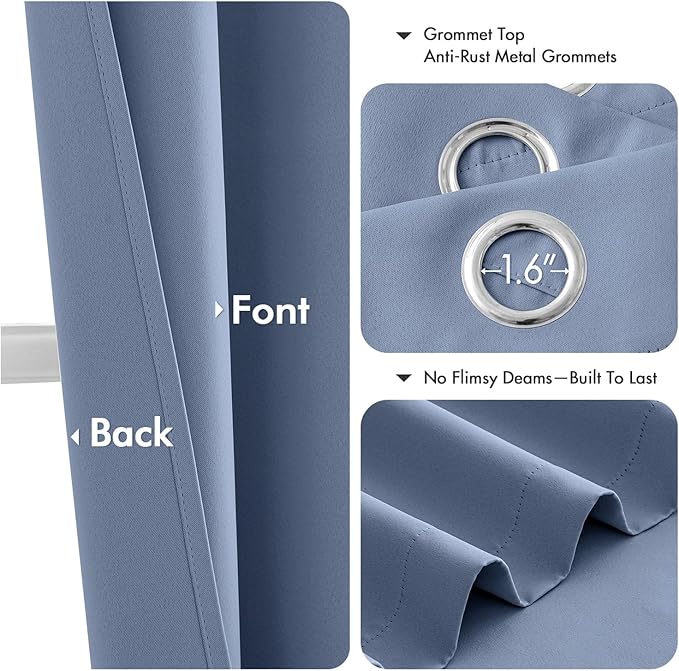 MIULEE Blackout Curtains for Bedroom 2 Panels 40 x 63 Inch Long Denim Blue | Thermal Insulated, Living Room Darkening Grommet Drapes, Noise Reducing, Light Blocking Window Treatments