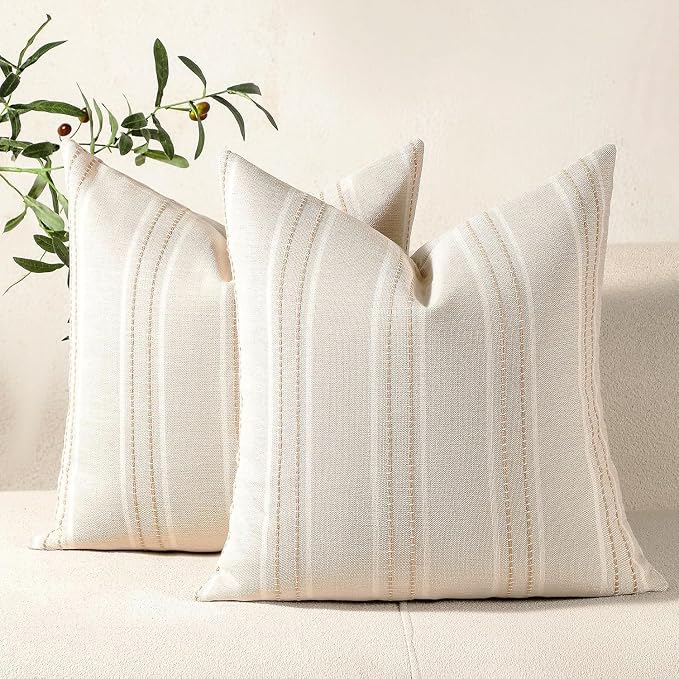 Hckot Stripe Throw Pillow Covers 26x26 Large Square Khaki Pillow Cover | Farmhouse Decorative Pillows Textured Linen Euro Sham Cushion Covers for Sofa Couch Bed Living Room Decor