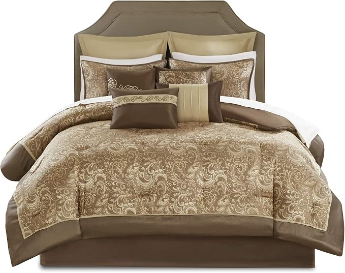 Madison Park Essentials Brystol 24 Piece Room in a Bag Faux Silk Comforter Jacquard Paisley Design Matching Curtains Down Alternative Hypoallergenic All Season Bedding-Set, Queen(90"x90"), Brown | Matching Curtains Room in a Bag, Down Alternative Beddi...