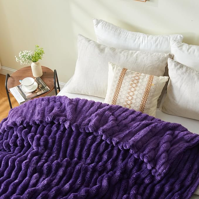 NEWCOSPLAY Fleece Ribbed Cozy Queen Blanket for Couch, Purple, 90"x90" | Premium Silky Flannel Blanket, Soft Lightweight Fluffy Throw Blanket for Bed Sofa Decor, Gift for All Season Use
