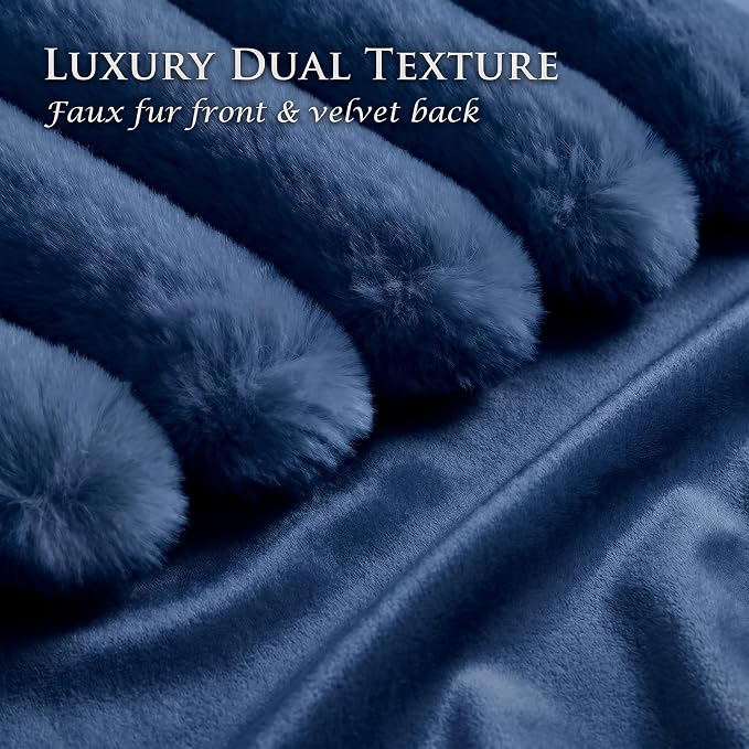 Pack of 2 Throw Pillow Covers 20x20 Decorative Solid Plush Faux Fur with Soft Velvet Back, Square Striped Cushion Cases Modern Farmhouse Home Decor for Living Room Couch Sofa Bed Navy Blue