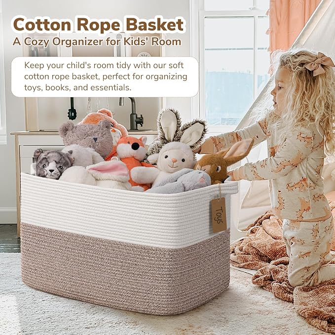 Goodpick 75L Extra Large Woven Rope Blanket Basket, Rectangle, Brown | 22" × 17" × 12" Decorative Storage Basket for Pillows & Clothes, Fits Living Room & Nursery Organization, Handles