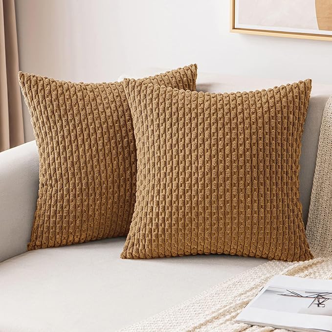MIULEE Decorative Throw Pillow Covers 20x20 Light Coffee Textured Corduroy | Pack of 2 Striped Pillow Covers Modern Farmhouse Fall Home Decor for Couch Bed Sofa Living Room