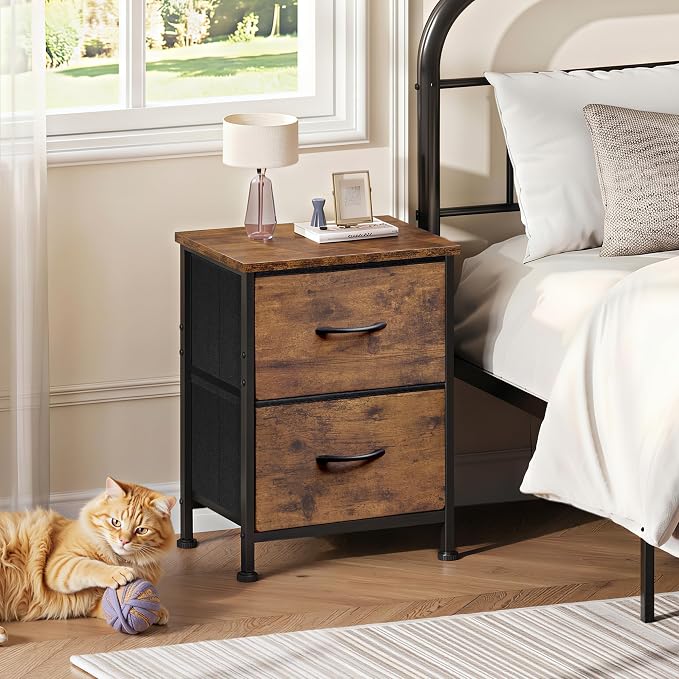 WLIVE Night Stand, Small Dresser with 2 Drawers & Wooden Top, Nightstand with Fabric Bins, Bedside Table End Table for Bedroom, Closet, Entryway, College Dorm, Rustic Brown | Nightstand with Fabric Bins, Bedside Table End Table for Bedroom, Kids Room