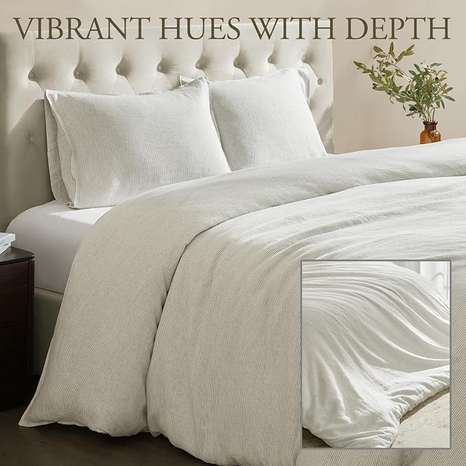 DAPU 100% French Linen Duvet Cover 3Pcs Set, 170GSM Linen Bedding, King | Soft Breathable All-Season for Hot sleepers, Corner Ties & Zipper Closure, French Linen Flax from Normandy, Gray Stripe