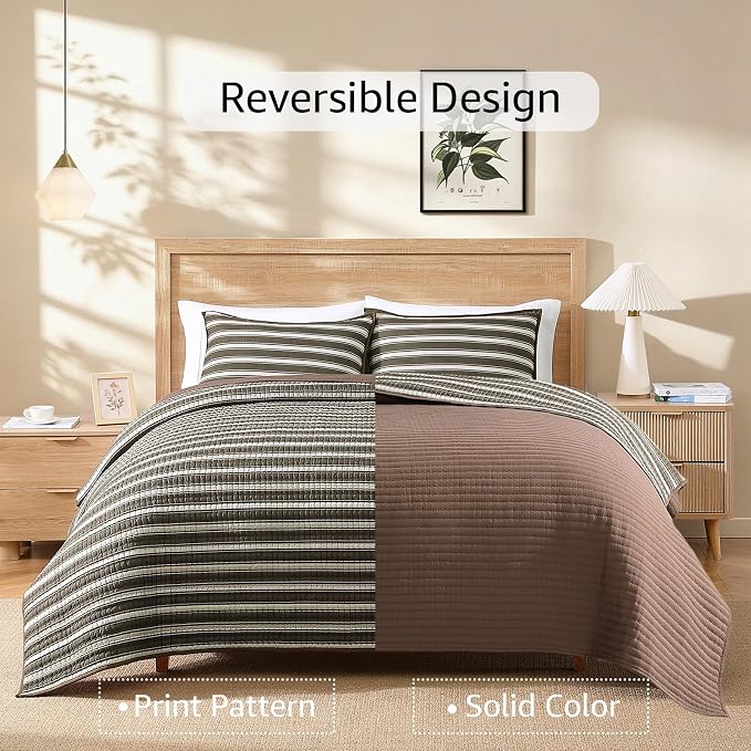 Queen Quilt-Lightweight Bedspreads Brown Queen Size Quilt Bedding Set | Reversible Coverlet with 2 Shams for All Seasons, Suitable for Bed, Couch, 3 Pieces, 90"x94"