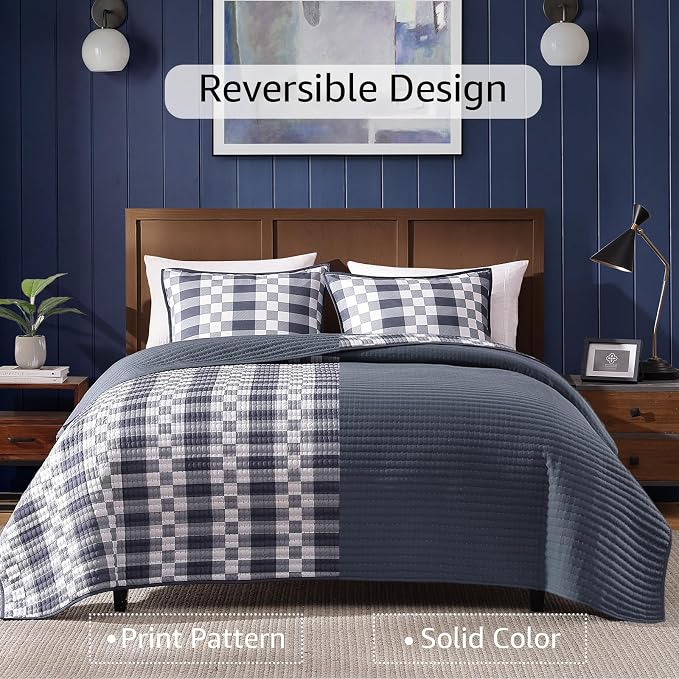 King Quilt-Lightweight Bedspread Plaid Quilt King Size Quilt Bedding Set | Navy Reversible Neutral Coverlet with 2 Shams for All Seasons, Suitable for Bed, Couch, 3 Pieces, 106"x94"