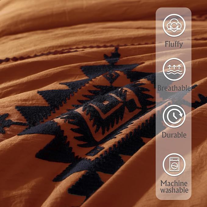 MaiRêve Embroidery King Size Comforter Set 7 Pieces Western Bed in a Bag | Burnt Orange Boho Farmhouse Bedding Sets with Comforter, Sheets, Pillowcases & Shams