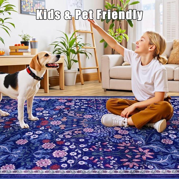 PLHXFR Area Rug Living Room: 5x7 Floral Washable Boho Soft Carpet Blue | For Bedroom Dining Room Farmhouse Nursery Hallway,Vintage Floral,Machine washable,Non Slip,Stain Resistant,Large Indoor