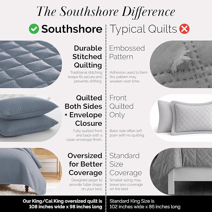 Southshore Fine Living, Inc. Oversized King Quilt Set, Blue Bedspread King California with 2 Matching Pillow Shams, Microfiber Coverlet Set, Oversized King Size Bedspread, Slate Blue Quilt