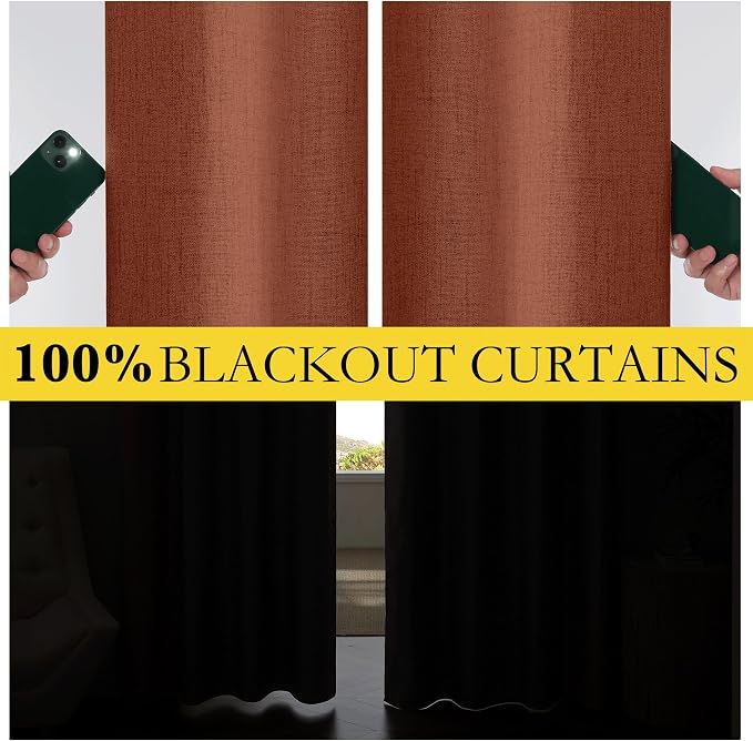 NICETOWN 100% Blackout Linen Curtains 84 inch Long 2 Panels, Rust Orange | Vintage Bedroom Curtains Thermal Insulated, Noise Reducing, Privacy Protection, Halloween Atmosphere Decoration, W52" x L84"