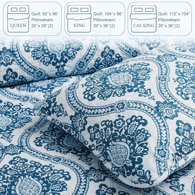 Exclusivo Mezcla Reversible Boho Quilt King Size Blue | Lightweight Soft Bedspreads, All Season Damask Coverlet Bedding Set, Printed Floral Pattern, 1 Quilt and 2 Pillow Shams