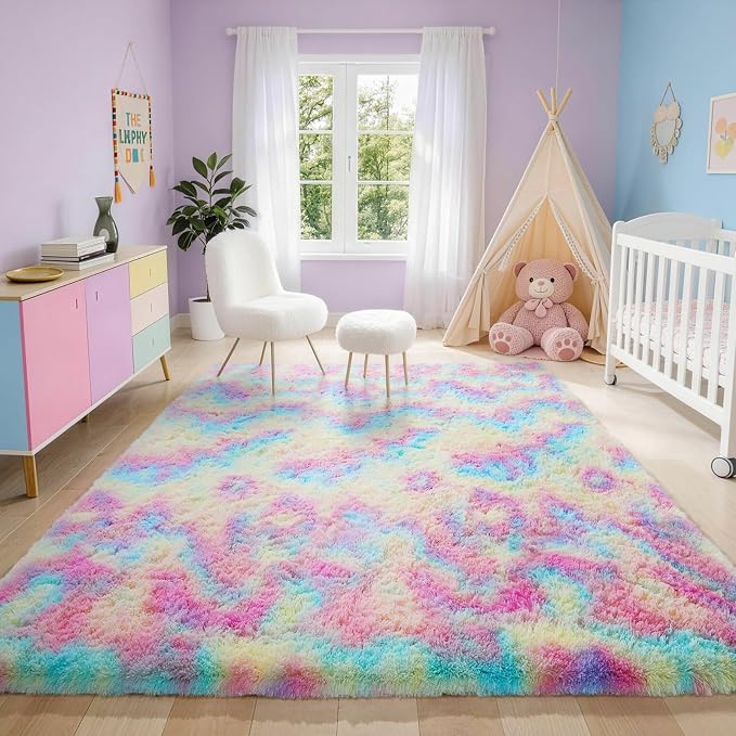 Ophanie 5x7 Rainbow Rug for Bedroom Girls, Unicorn Colorful Fluffy Soft Cute Fuzzy Area Rugs, Shag Plush Shaggy Bedside Floor Furry Carpet for Kids Baby Teen Dorm Nursery Home Decor Aesthetic