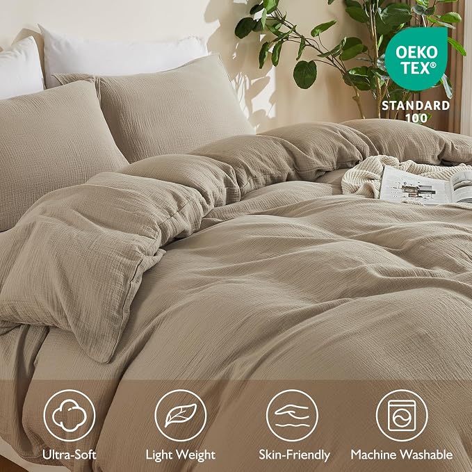 EMME Muslin Cotton Duvet Cover Set Twin Size Khaki Linen Like Soft Breathable Lightweight Summer Comforter Cover Set with Zipper Closure (Khaki, Twin, 68"x90")