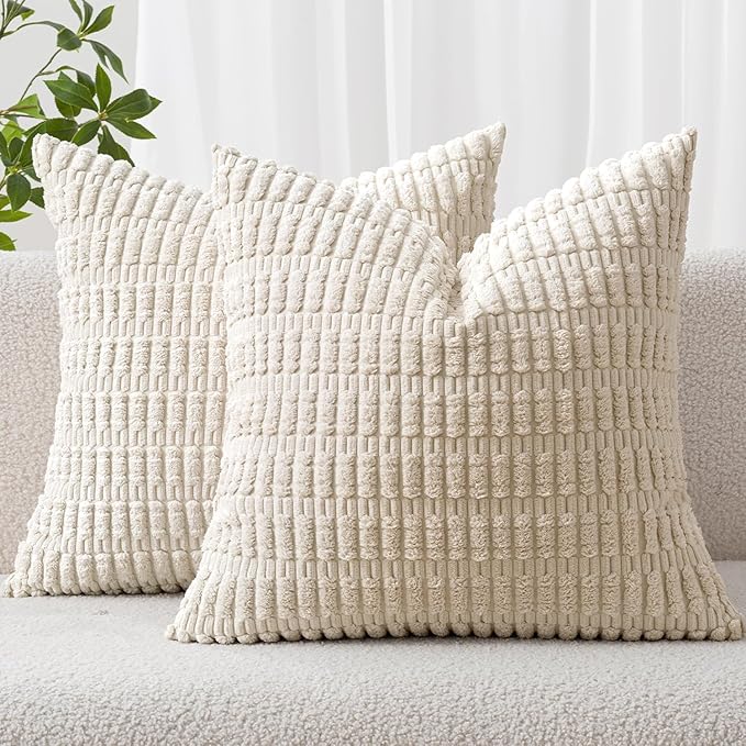 MIULEE Corduroy Decorative Throw Pillow Covers 16x16 Cream White Pack of 2 | Soft Boho Striped Pillow Covers Modern Farmhouse Home Decor For Sofa Living Room Couch Bed