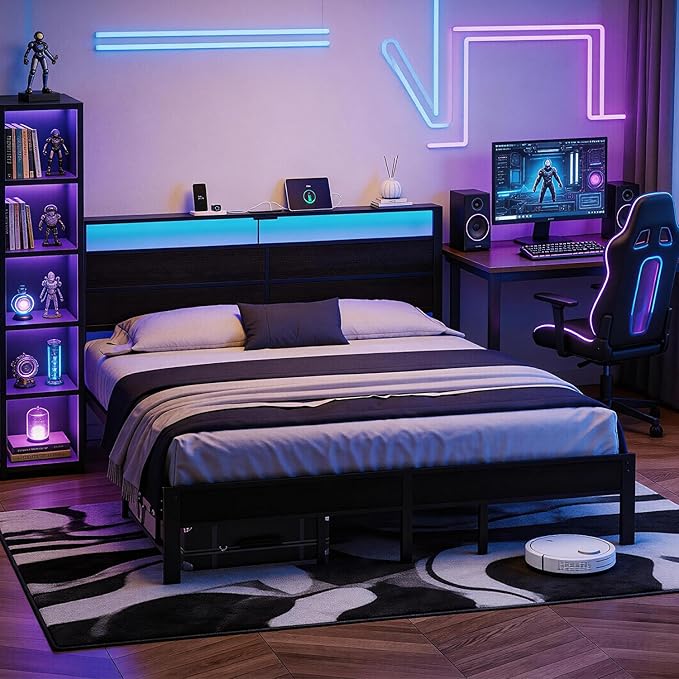 King Size Bed Frame with LED Lights and Charging Station | Black Metal Platform Bed with Wood StorageHeadboard, Sturdy Slats, No Box Spring Needed, Noise Free, Easy Assembly