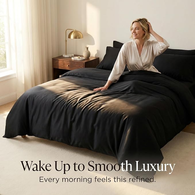 HeimenAogo Egyptian Cotton Duvet Cover Queen Size Sateen Weave, Silky Soft and Breathable Bedding Set with Zipper Closure, Long Staple Cotton Bed Linen Pure Black 3Pcs (90"×90")