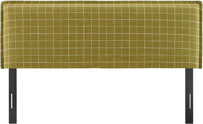 Modway Camille King Size Checkered Linen Blend Plaid Headboard with Removable Slipcover – in Artichoke Windowpane Check - Padded Pillow Style Headboard with Adjustable Mounting for King Beds