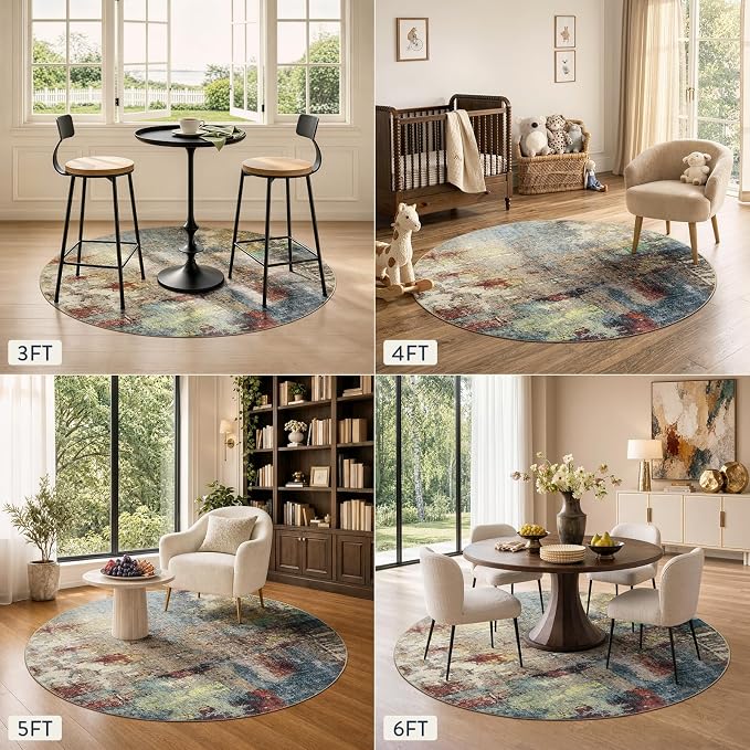 Lahome Modern Abstract Round Rug 5ft - Washable 5x5 Circle Rugs for Bedroom Dining Table Non Slip Non-Shedding, Soft Floor Carpet for Living Room Nursery Dorm Kitchen,Red/Multi