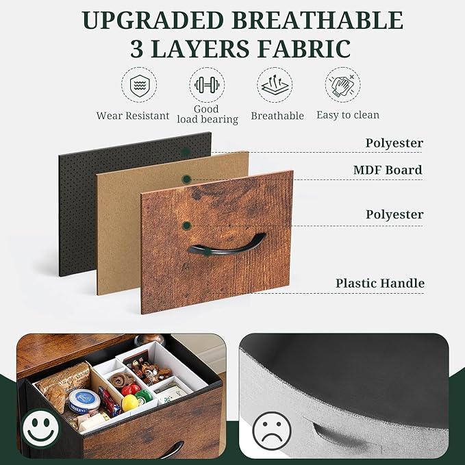 5-Drawer Dresser for Bedroom, Anti-Tip Wide Storage Organizer Fabric | Chest of Drawers TV Stand for 45" TV with Wooden Top and Metal Frame for Closet, Living Room, Hallway, Entryway, Brown