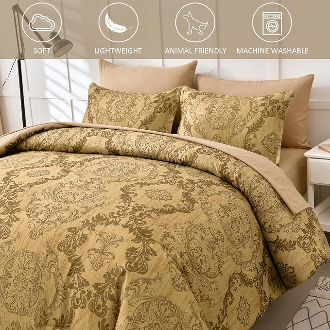 WONGS BEDDING Gold Comforter Set Queen Size, Damask Texture Design 7 Pieces Bed in a Bag Microfiber Comforter Bedding Sets -1 Comforter, 1 Flat Sheet, 1 Fitted Sheet, 2 Pillow Shams, 2 Pillowcases