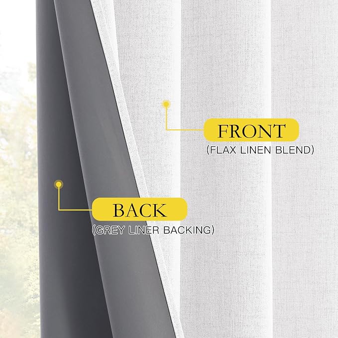 NICETOWN 100% Blackout Linen Curtains 84 inch Long 2 Panels, Greyish White | Luxurious Living Room Curtains Thermal Insulated, Noise Reducing, Privacy Daytime Sleep Drapes, W52" x L84" per Panel