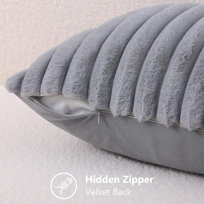 decorUhome Fall Faux Fur Throw Pillow Covers 22x22 Set of 2 Grey | Decorative Soft Cozy Striped Plush Modern Farmhouse Boho Couch Pillow Cases Velvet Back for Sofa Bed Living Room Home Decor