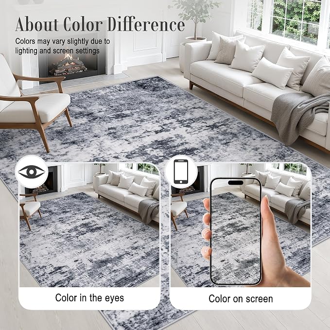 Round Area Rug Living Room: 5 ft Modern Washable Carpet Grey | For Bedroom Dining Room Farmhouse Nursery Hallway Office,Modern Abstract,Machine washable,Non-Slip,Stain Resistant,Indoor