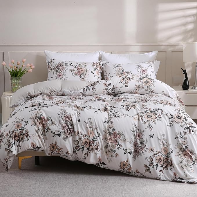 LONAVA King Floral 3 Pcs Duvet Cover Set, Breathable Soft Microfiber Light Grey Lining Comforter Cover with Zipper Closure, and 2 Anti-Pilling, Fade Resistant Pillowcases, Withered Flowers