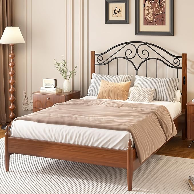 Headboard for Queen Size Bed Frame with Charging Station USB & Type C Ports | Vintage Platform Bed Headboard Only,Adjustable,Iron Legs,Easy Assembly,Black
