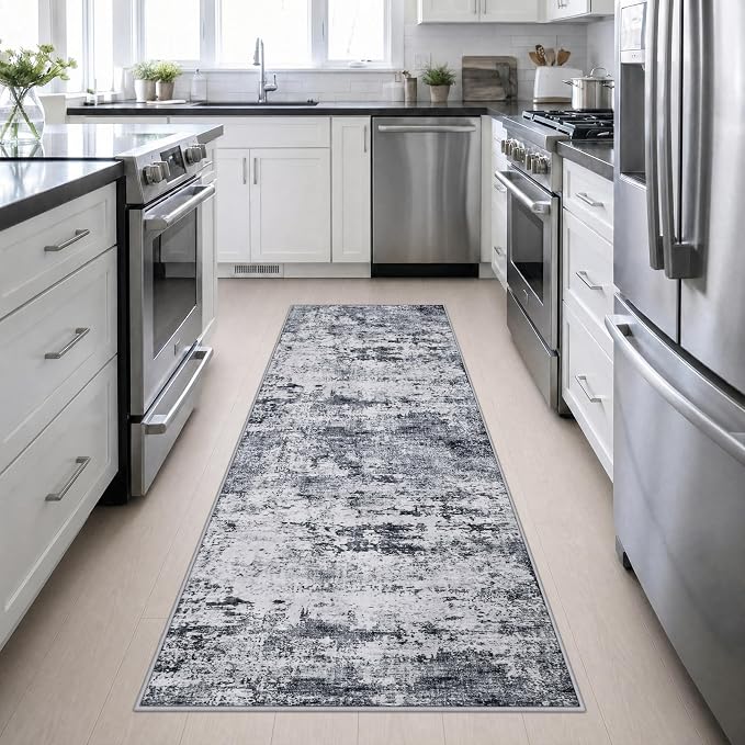3x10 Washable Runner Rug：Modern Abstract Kitchen Soft Carpet Grey | For Hallway, Bedroom, Kitchen, Laundry, Bathroom,Door Mat,Modern Abstract,Machine washable,Non-Slip,Stain Resistant,Indoor