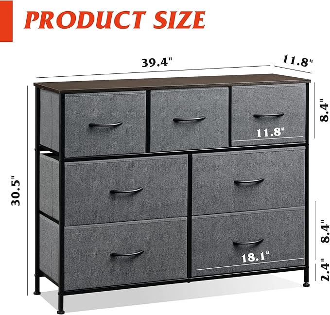 WLIVE Dresser for Bedroom, 7 Drawers, TV Stand, Dark Grey | 7 roomy fabric drawers, Fits TVs up to 45 inch, Bedroom or living room, Wide storage design, Chest of drawers
