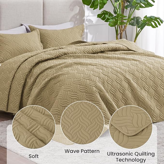 Love's cabin Twin Quilt Bedding Set Camel Bedspreads - Soft Bed Summer Lightweight Bedspread Comforter - Wave Pattern Bedding Coverlet for All Season - 2 Pieces (1 Quilt, 1 Pillow Sham)