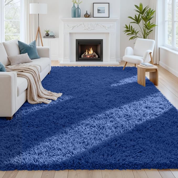 8x10 Fluffy Shag Area Rugs for Living Room Bedroom: Soft Plush Carpet Blue | Upgraded Non-Slip Thick Memory Foam, Ultra Soft, Non-Shedding Fuzzy Carpet, Easy Clean Decor for Kids Room, Nursery, Playroom