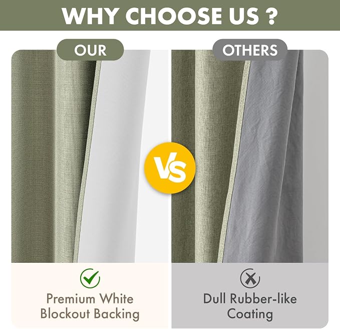 MIULEE 100% Blackout Linen Curtains for Bedroom 40W x 108L Sage Green | 2 Panels, 108 inches Long, Thermal Insulated, Room Darkening, Black Out Drapes for Living Room, Back Tab Rod Pocket