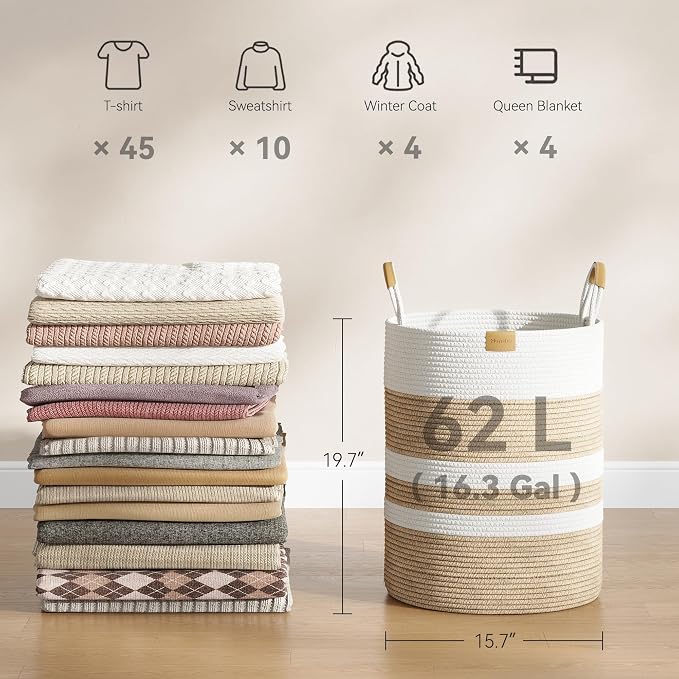 Nunsino 62L Striped Laundry Hamper with Leather Handles,Large Foldable Laundry Basket for Clothes,Cotton Rope Storage Bin for Blankets,Woven Clothes Basket for Bedroom, Beige Stripes