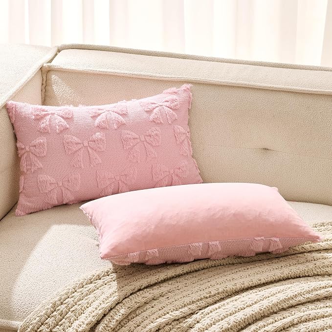 MIULEE Pink Bow Pillow Covers Coquette Room Decor 12x20 Lumbar | Aesthetic Decorative Cute Girl,Set of 2 Cushion Covers,Soft Plush Faux Pillowcases,Preppy Room Decor Bedroom Couch
