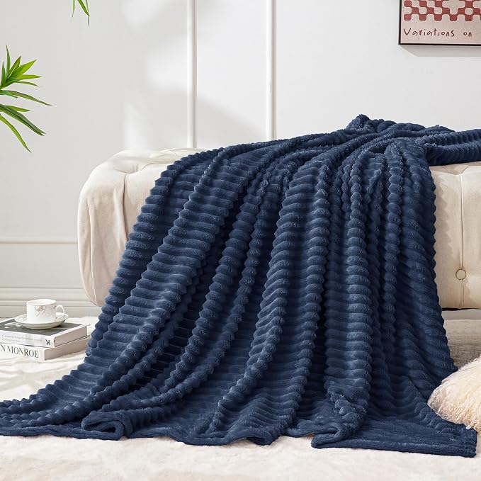 BEDELITE 3D Ribbed Navy Blue Fleece Throw Blanket for Couch, 50x60 Inch | Soft Warm Decorative Fluffy Blanket, Cozy Plush Lightweight Fuzzy Throw Blanket for Bed Sofa Home Room Decor, Gift for Women