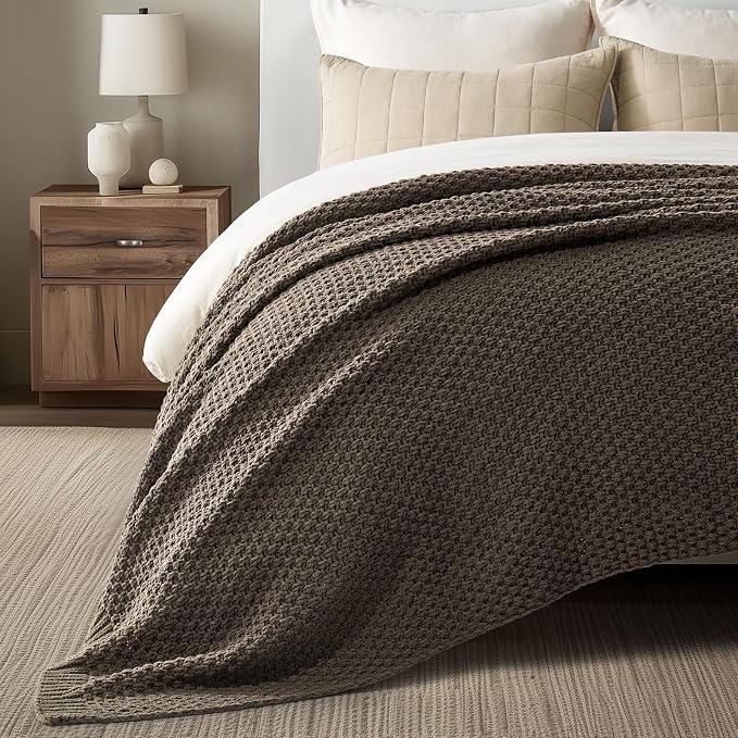 EVERGRACEHOME Chunky Chenille Knit Throw Blanket, 90 x 90, Mocha Brown | Sculpted Moss Stitch, Chic Modern Farmhouse, All-Season Warmth, OEKO-TEX® Certified, Oversized Queen for Couch, Bed, Sofa