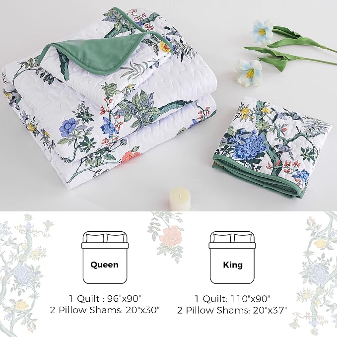 WONGS BEDDING Floral Quilt Set Queen, 3 Pcs Blue Green Bedspreads Coverlets | Spring Summer Floral Farmhouse Bedspread with 2 Shams,Soft Microfiber Lightweight Coverlet for All Season 96"×90"