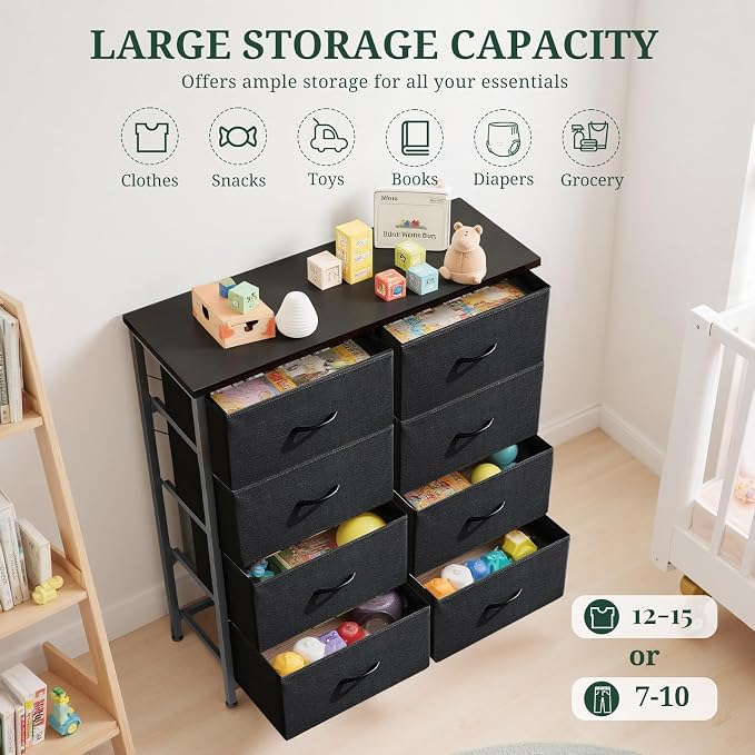 8-Drawer Dresser for Bedroom, Anti-Tip Tall Storage Organizer | Chest of Drawers with Wooden Top and Metal Frame Fabric Bins for Closet, Living Room, Hallway, Entryway, Black