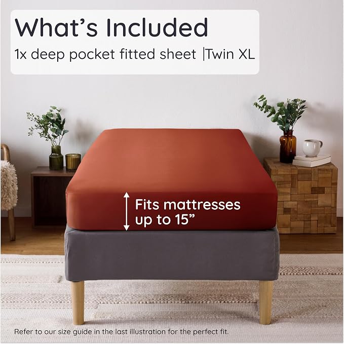 Bambaw 100% Viscose Derived from Bamboo Fitted Sheet Twin XL – Cooling Fitted Sheet Only, Soft & Breathable, Helps Reduce Night Sweats, with Corner Straps for Secure Fit All Night (Terracotta)