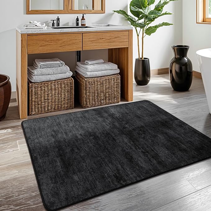 4x6 Washable Area Rug, Black Solid Area Rugs for Living Room & Bedroom | Stain-resistant & Non-slip backing,Low Pile Washable Large Carpet, Solid Vintage Style For High Traffic Areas(4x6,Black)